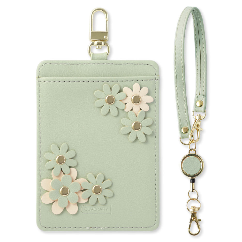 くすみパステルカラー スムースレザー調  フラワーモチーフ リール付きパスケース