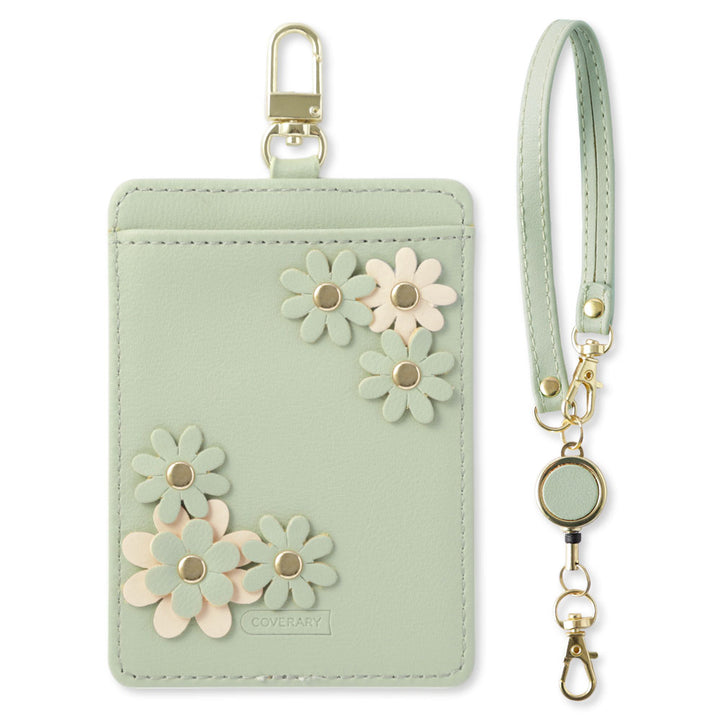 くすみパステルカラー スムースレザー調  フラワーモチーフ リール付きパスケース