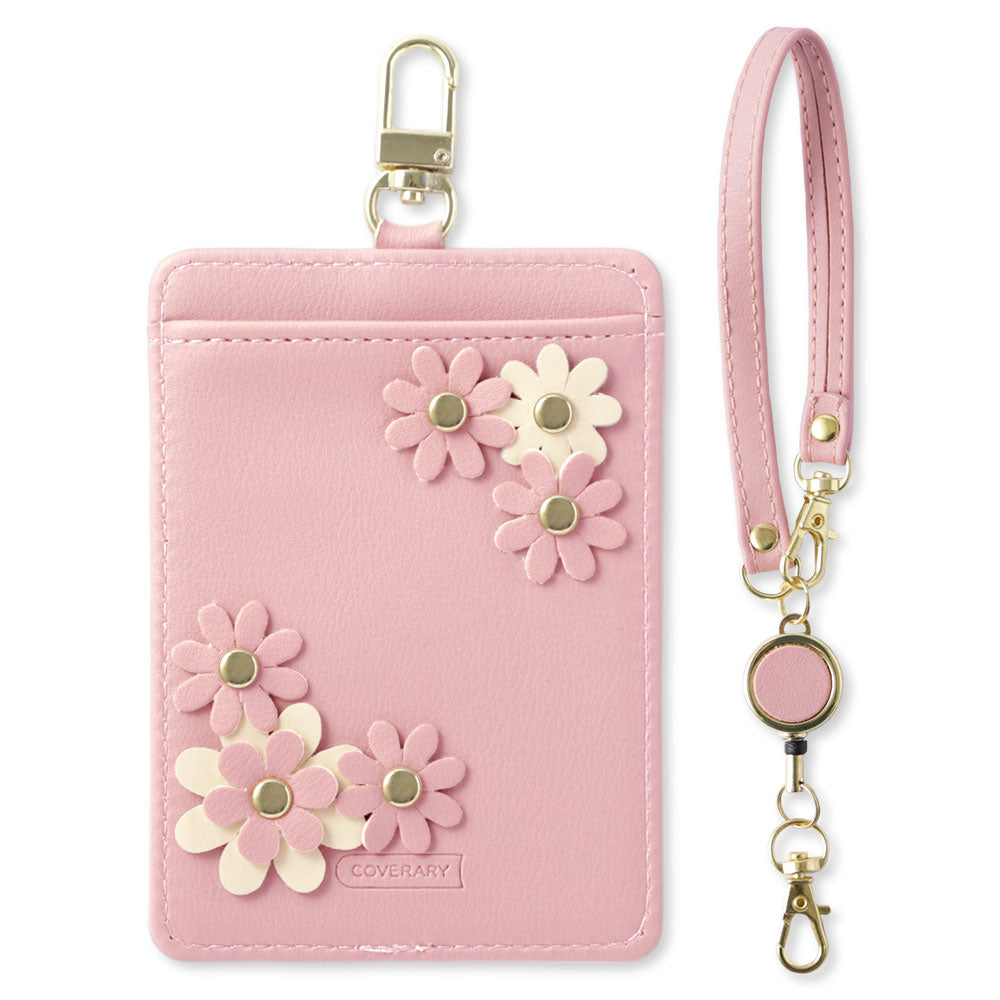 くすみパステルカラー スムースレザー調  フラワーモチーフ リール付きパスケース