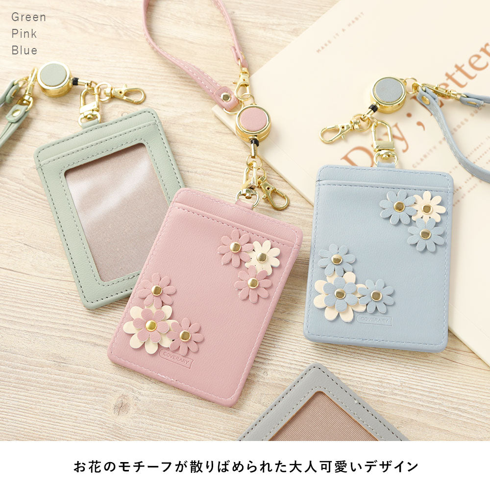 Pass Case Dull pastel color smooth leather-like flower motif pass case with reel ...