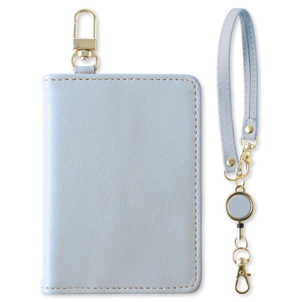 Dull pastel color smooth leather-like bi-fold pass case with reel
