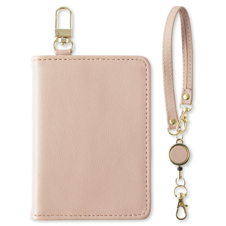 Dull pastel color smooth leather-like bi-fold pass case with reel