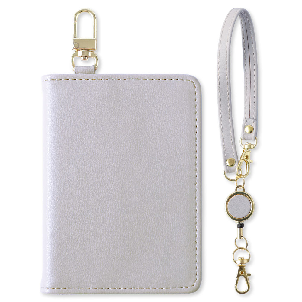 Dull pastel color smooth leather-like bi-fold pass case with reel