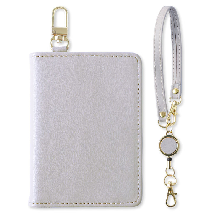 Dull pastel color smooth leather-like bi-fold pass case with reel