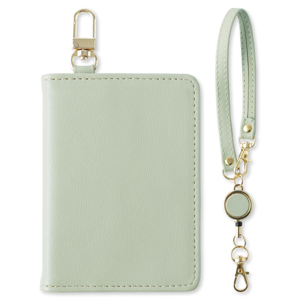 Dull pastel color smooth leather-like bi-fold pass case with reel