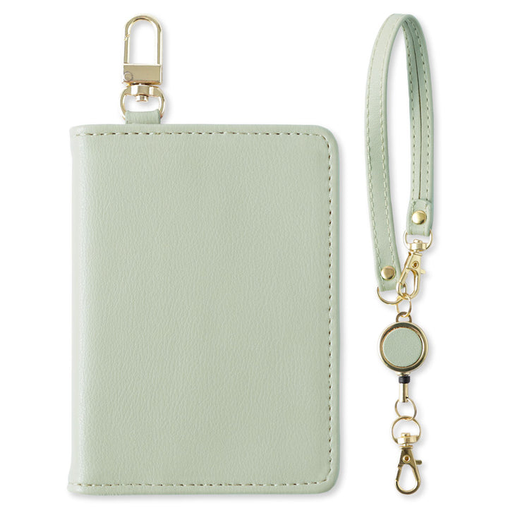 Dull pastel color smooth leather-like bi-fold pass case with reel