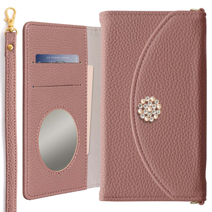 Vegan leather tri-fold smoky color crystal pearl decoration & strap included notebook-style case AQUOS series