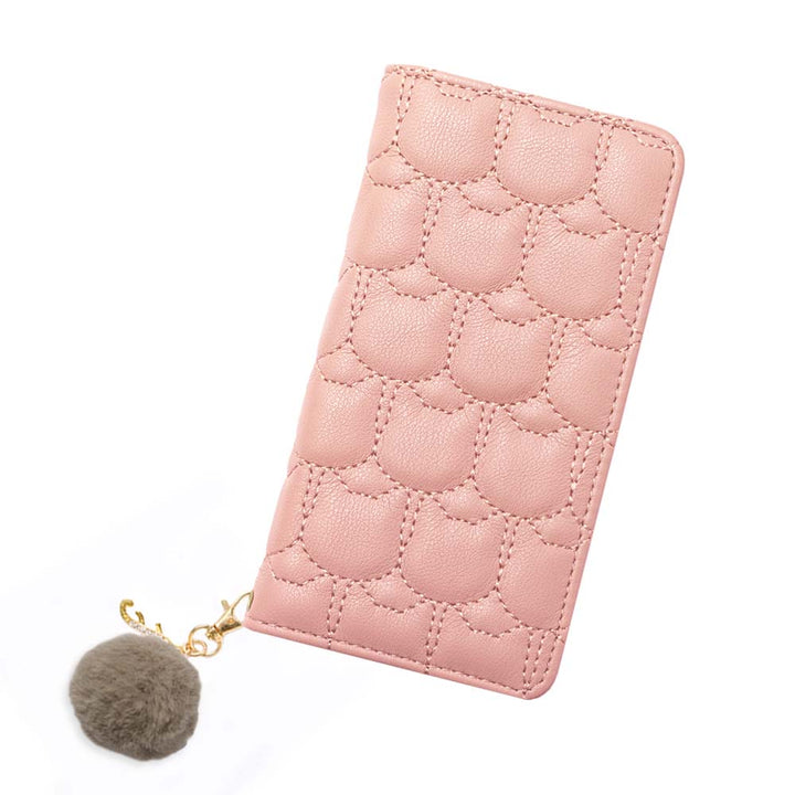 Vegan leather cat quilting initial fur charm attached notebook-style case AQUOS series