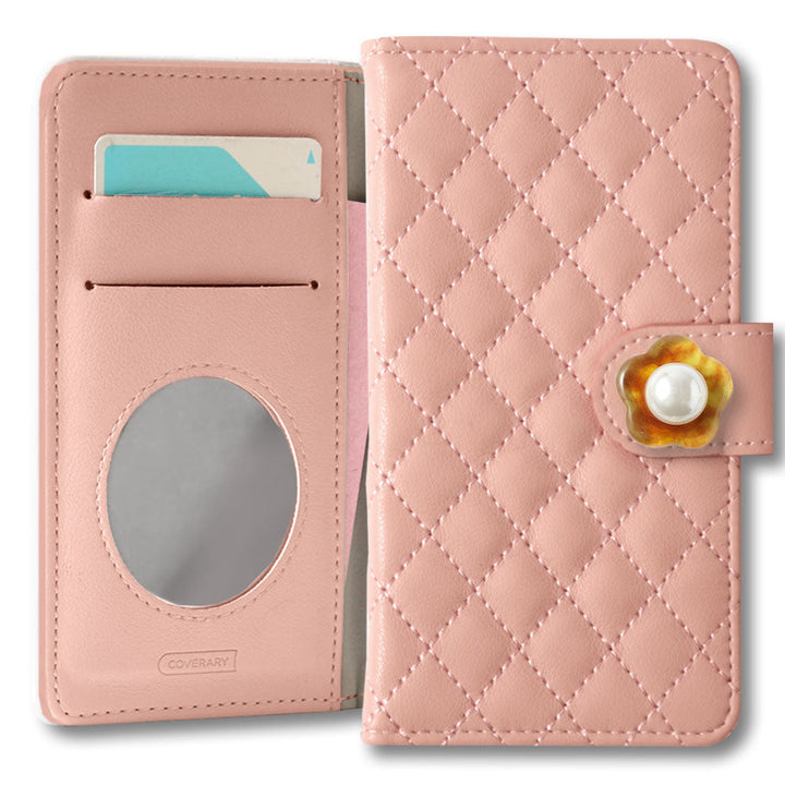 Quilted Flower Pearl Decor Wallet Case with Mirror (with Belt) for iPhone Series