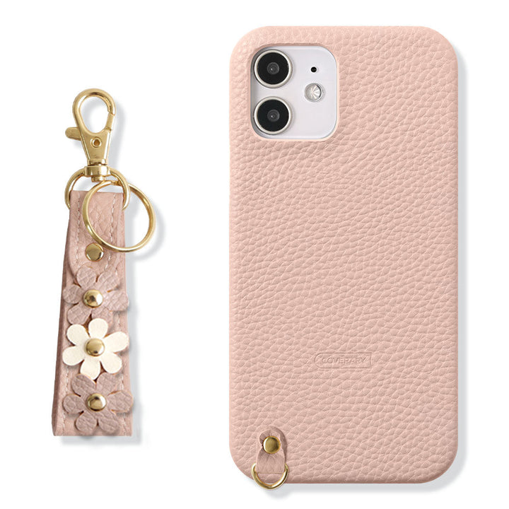 Vegan leather textured flower deco finger strap attached back case for iPhone series