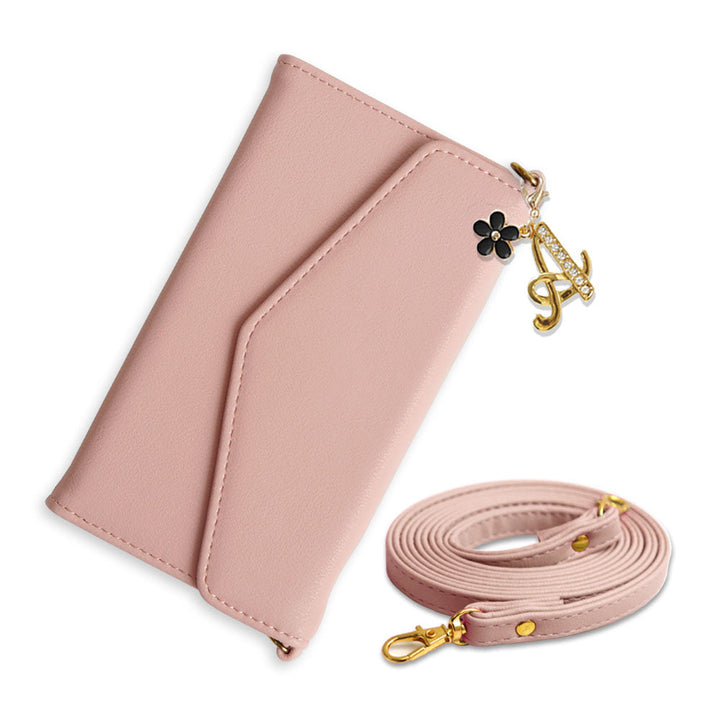 Étui portefeuille avec sangle, cuir végan, triple pli, pastel terne, breloque initiale fleur, série Xperia