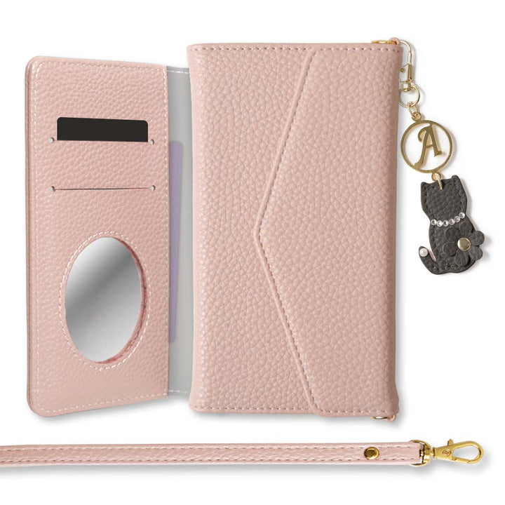 Vegan leather tri-fold dusty color strap & cat flower initial charm attached notebook-style case for iPhone series