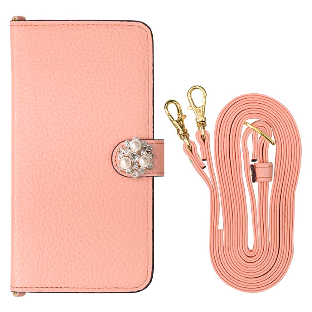 Cuir véritable 32 couleurs cuir italien grainé avec bandoulière décoration perle cristal étui portefeuille (avec ceinture) série Xperia