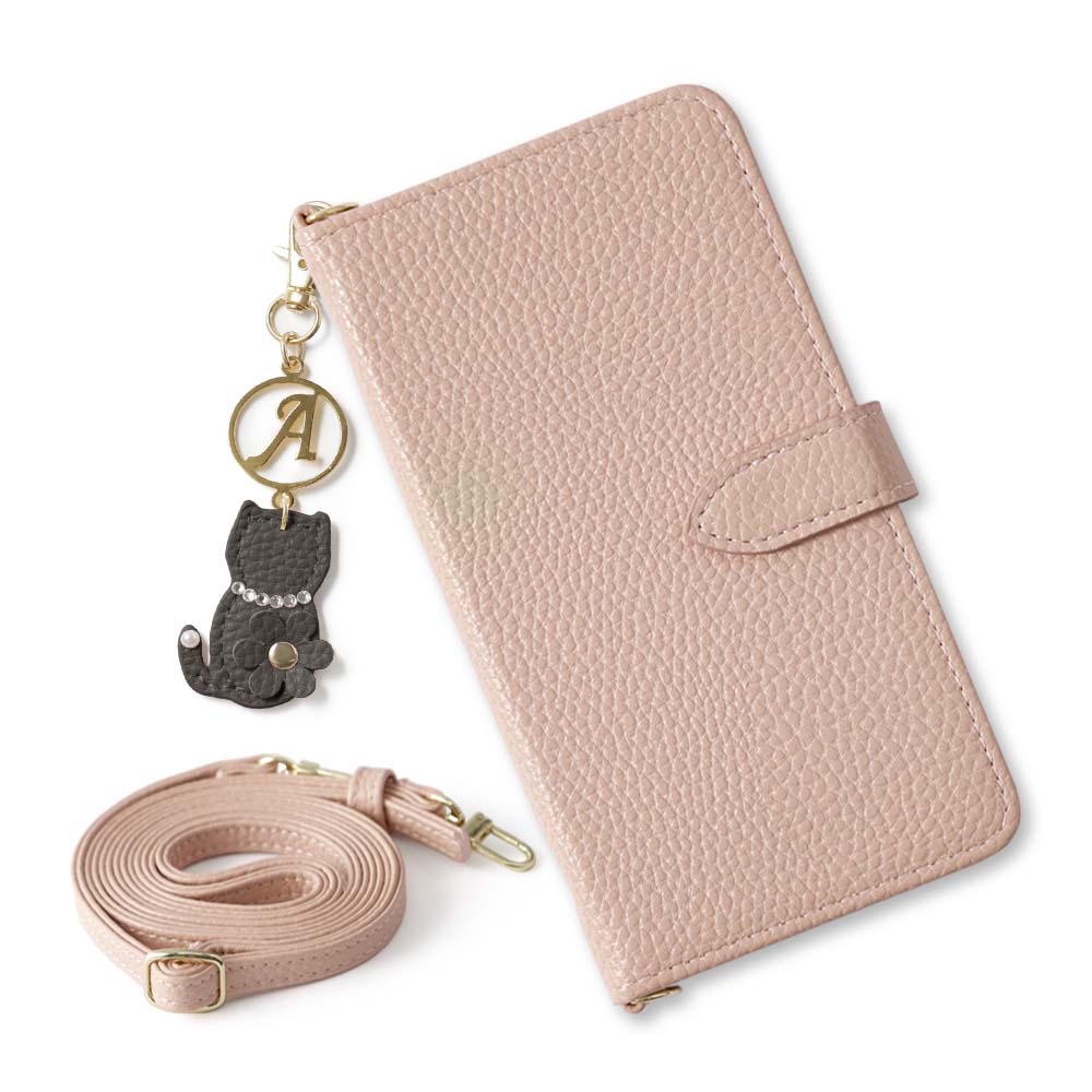Vegan leather dusty color strap & cat flower initial charm attached notebook-style case (with belt) for iPhone series