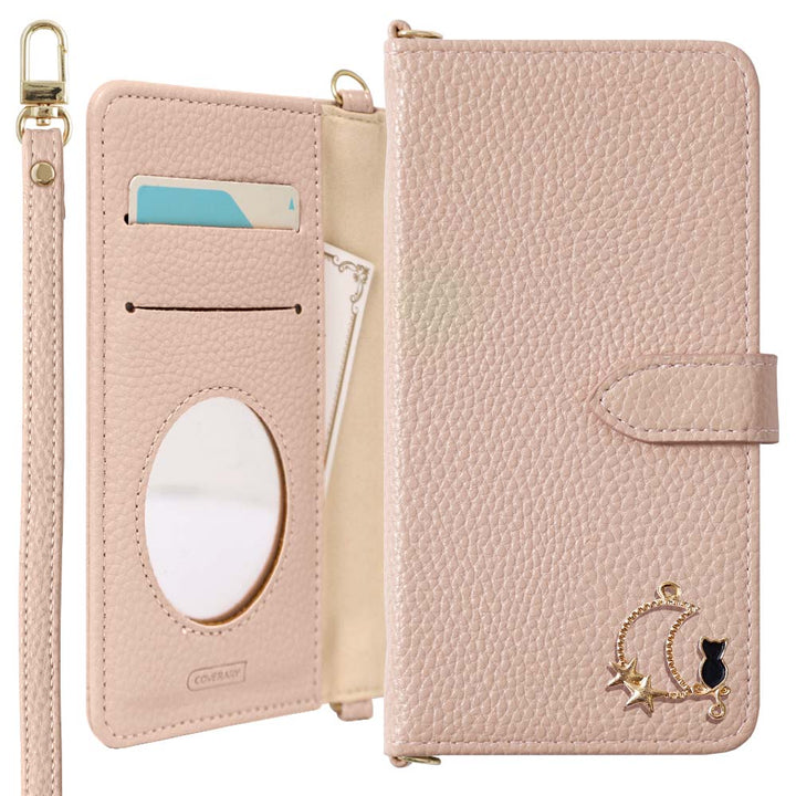 Vegan leather dusty color moon cat deco strap attached notebook-style case (with belt) AQUOS series