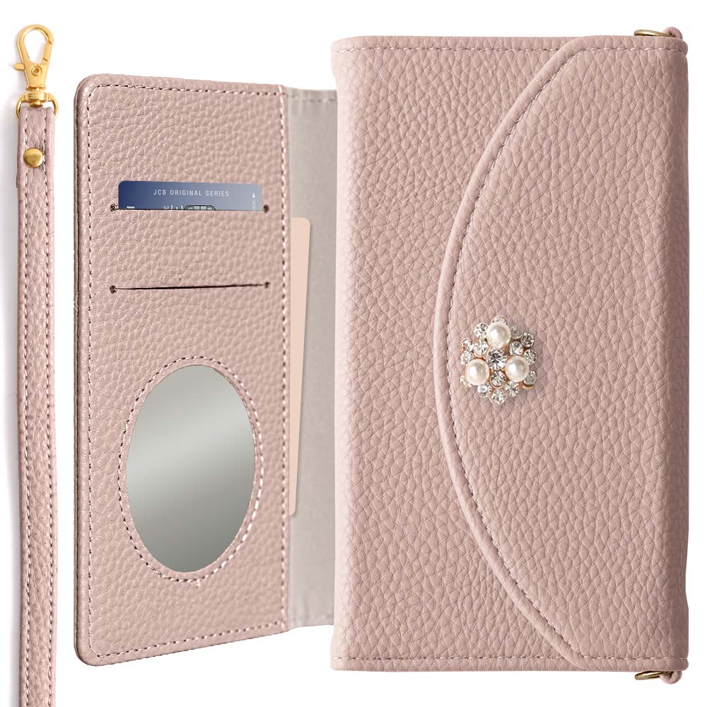 Étui portefeuille pliable en trois, cuir végan couleur fumée avec décoration perle cristal et sangle, pour la série Xperia