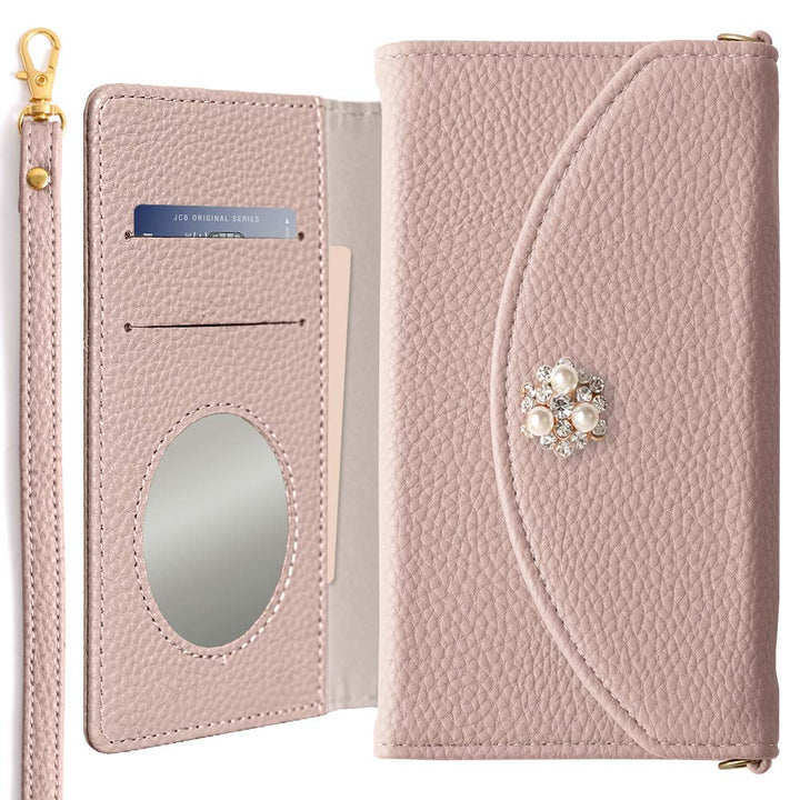 Étui portefeuille pliable en trois, cuir végan couleur fumée avec décoration perle cristal et sangle, pour la série Xperia