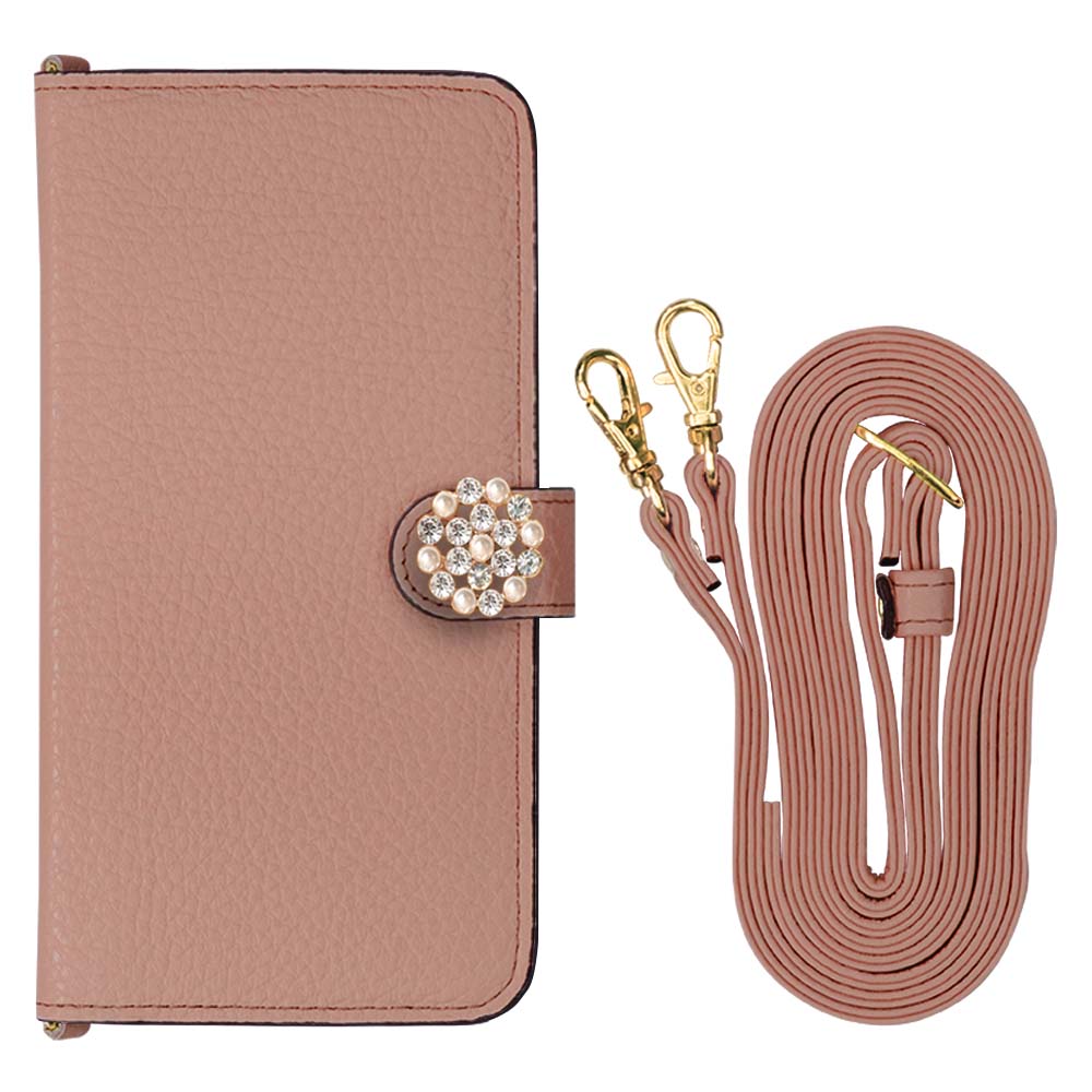Genuine leather 32 colors Italian shrink leather with shoulder strap Crystal pearl decoration notebook-style case (with belt) AQUOS series