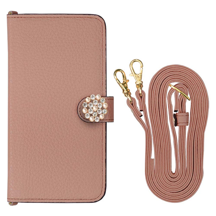 Genuine leather 32 colors Italian shrink leather with shoulder strap Crystal pearl decoration notebook-style case (with belt) AQUOS series