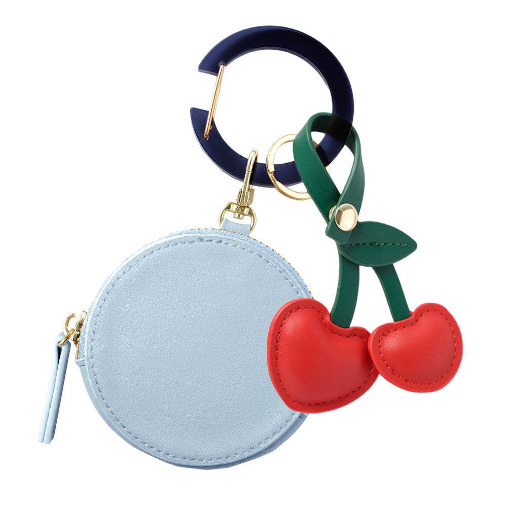 ヴィーガンレザー くすみパステルカラー 選べるミニポーチ さくらんぼチャーム＆カラビナ付き