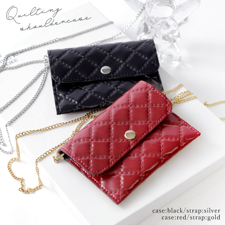 ヴィーガンレザー ミニポーチ キルティング ゴールドチェーンショルダーストラップ付き