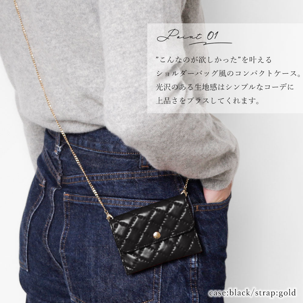 ヴィーガンレザー ミニポーチ キルティング ゴールドチェーンショルダーストラップ付き