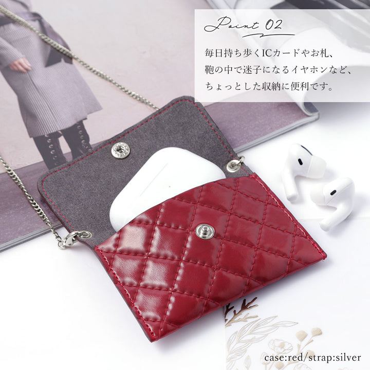 ヴィーガンレザー ミニポーチ キルティング ゴールドチェーンショルダーストラップ付き