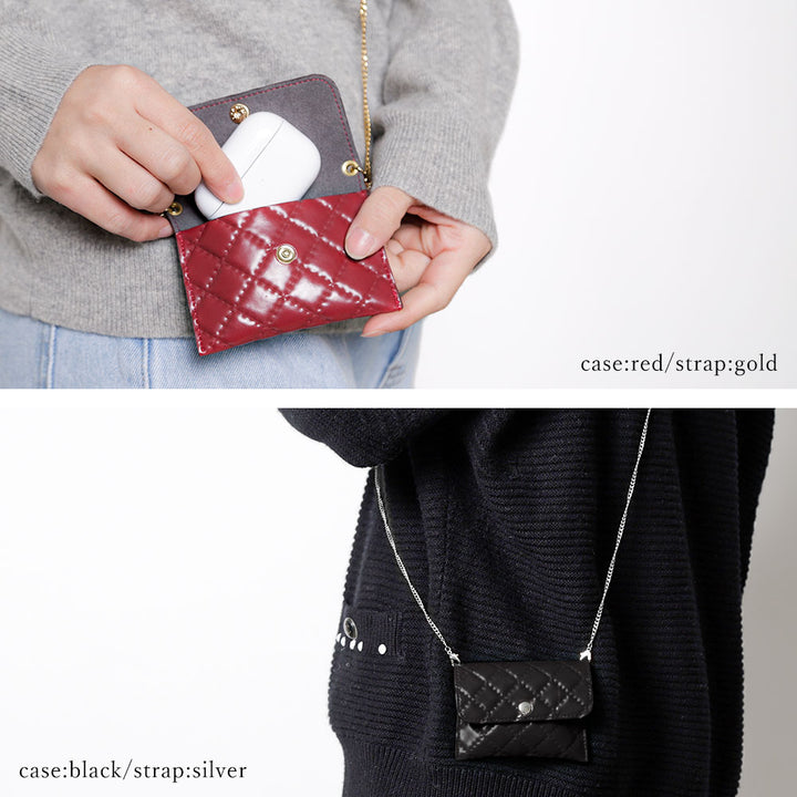ヴィーガンレザー ミニポーチ キルティング ゴールドチェーンショルダーストラップ付き
