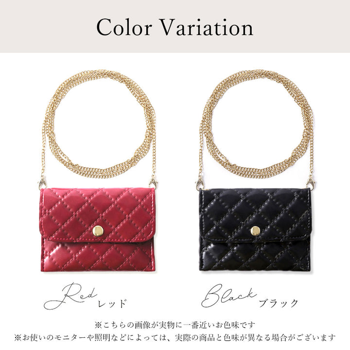 ヴィーガンレザー ミニポーチ キルティング ゴールドチェーンショルダーストラップ付き