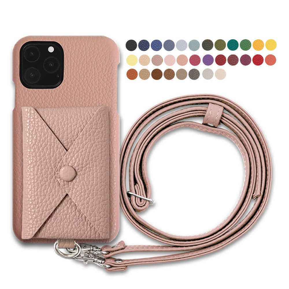 自分でデザイン ショルダーストラップ ポケット背面ケース 本革 32色 イタリアンシュリンクレザー