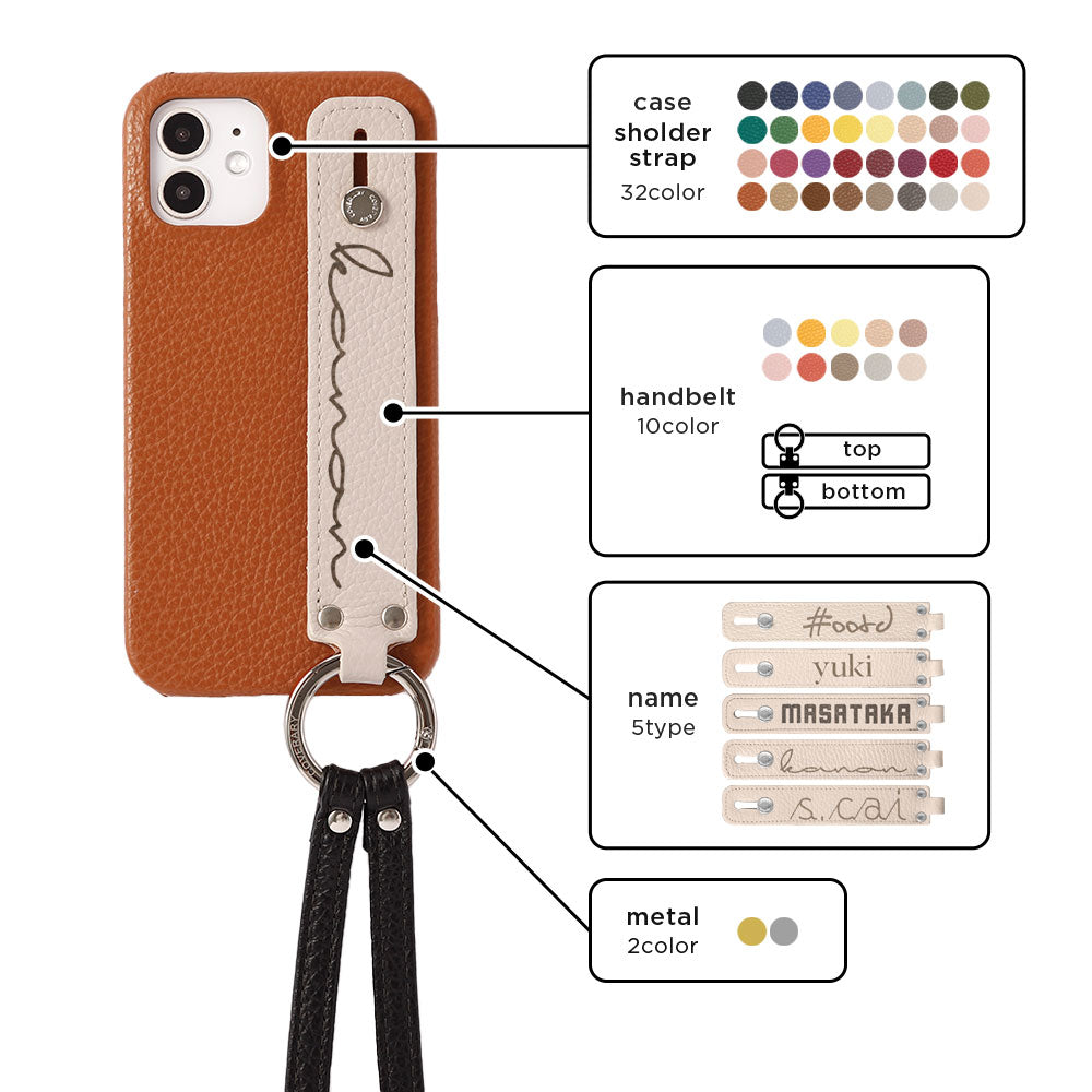 Cuir véritable 32 couleurs cuir italien grainé avec ceinture à main et sangle, coque arrière, gravure au laser (marquage à chaud)