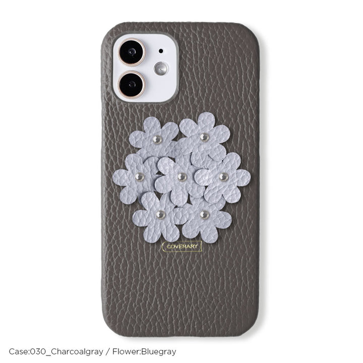 本革 32色 イタリアンシュリンクレザー あじさい フラワーデコ 背面ケース iPhoneシリーズ