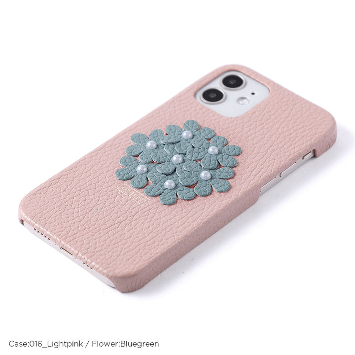 本革 32色 イタリアンシュリンクレザー あじさい フラワーデコ 背面ケース iPhoneシリーズ