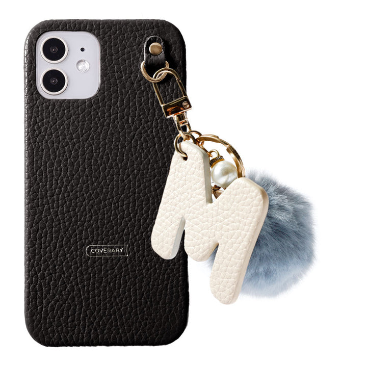 Genuine leather 32 colors Italian shrink leather BIG initials & fur charm back case AQUOS series