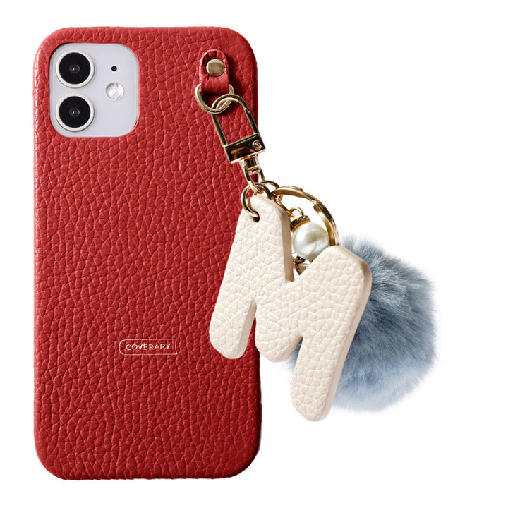 本革 32色 イタリアンシュリンクレザー BIGイニシャル＆ファーチャーム 背面ケース iPhoneシリーズ