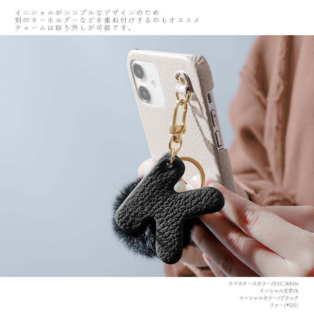 本革 32色 イタリアンシュリンクレザー BIGイニシャル＆ファーチャーム 背面ケース iPhoneシリーズ