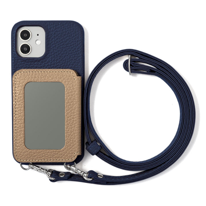 Genuine leather 32 colors Italian shrink leather card case with stainless mirror & shoulder strap back case for iPhone series