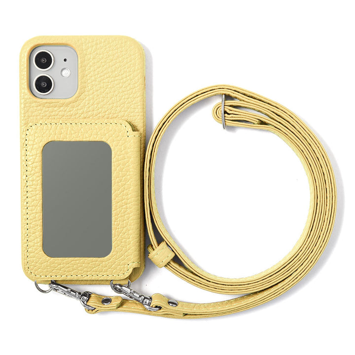 Genuine leather 32 colors Italian shrink leather card case with stainless mirror & shoulder strap back case for iPhone series