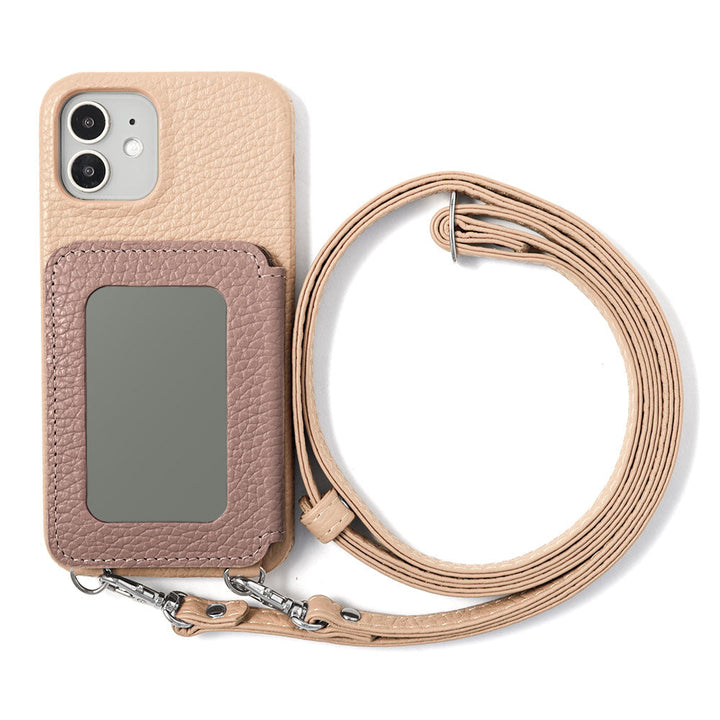 Genuine leather 32 colors Italian shrink leather card case with stainless mirror & shoulder strap back case for iPhone series