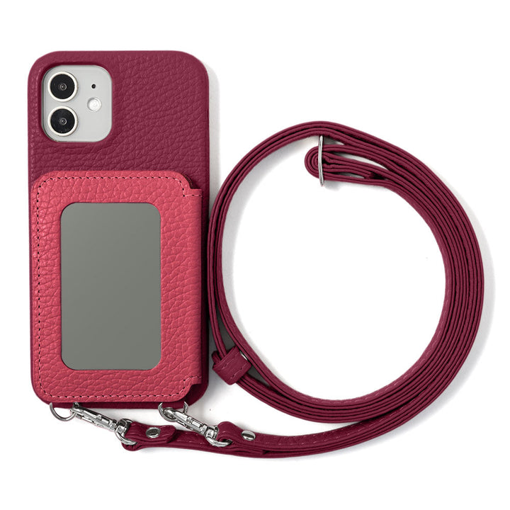 Genuine leather 32 colors Italian shrink leather card case with stainless mirror & shoulder strap back case for iPhone series