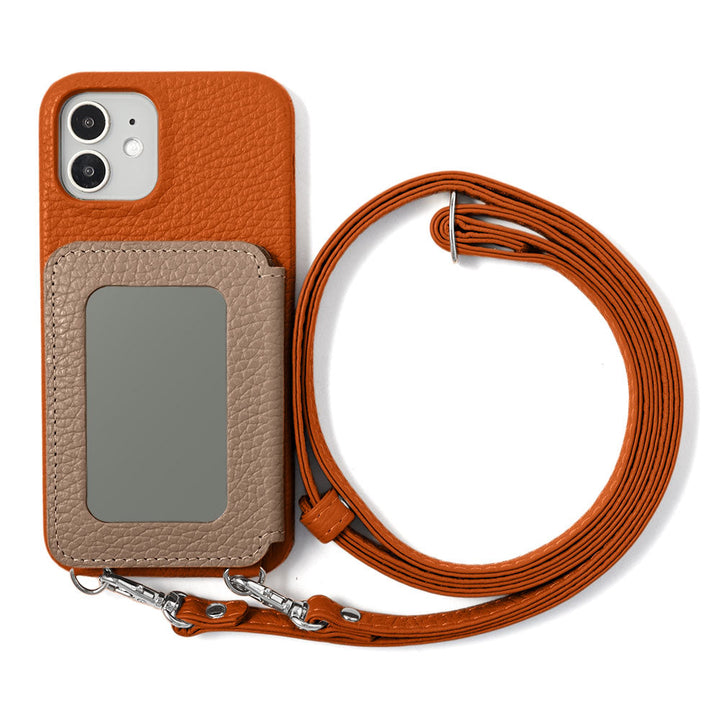 Genuine leather 32 colors Italian shrink leather card case with stainless mirror & shoulder strap back case for iPhone series