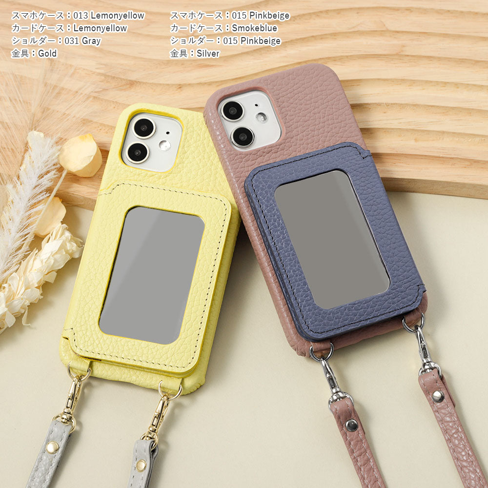 Genuine leather 32 colors Italian shrink leather card case with stainless mirror & shoulder strap back case for iPhone series