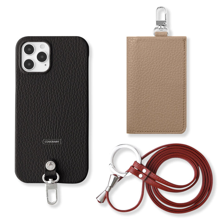 Ensemble de 3 pièces en cuir italien grainé véritable B avec porte-cartes et bandoulière à anneau (avec ferrures) pour coque arrière Galaxy série