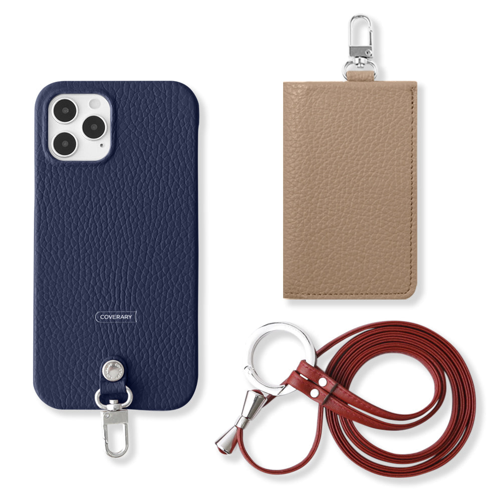 Ensemble de 3 pièces en cuir véritable italien à grain rétréci B avec porte-cartes et bandoulière à anneau (avec ferrures) pour coque arrière de la série Xperia