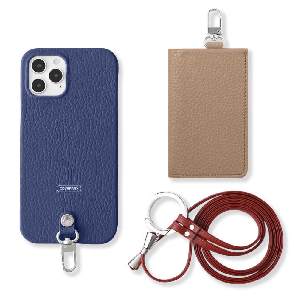 Genuine leather Italian shrink leather 3-piece set B with card case & ring shoulder strap (with metal fittings) attached back case for iPhone series