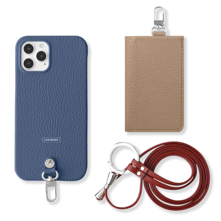 Ensemble de 3 pièces en cuir italien grainé véritable B avec porte-cartes et bandoulière à anneau (avec ferrures) pour coque arrière Galaxy série