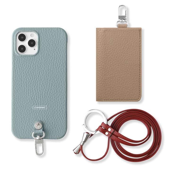 Genuine leather Italian shrink leather 3-piece set B with card case & ring shoulder strap (with metal fittings) attached back case for iPhone series