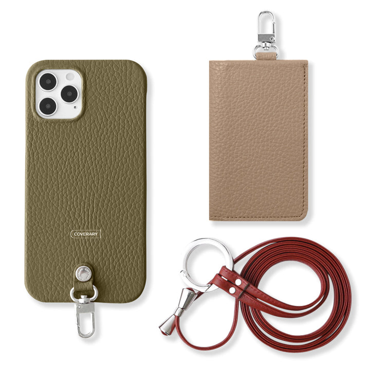 Genuine leather Italian shrink leather 3-piece set B with card case & ring shoulder strap (with metal fittings) attached back case for iPhone series