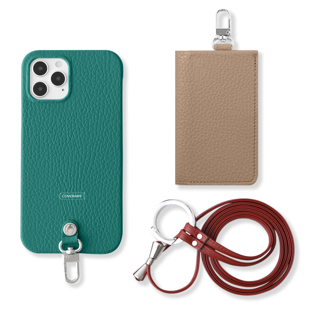 Genuine leather Italian shrink leather 3-piece set B with card case & ring shoulder strap (with metal fittings) back case for Google Pixel series