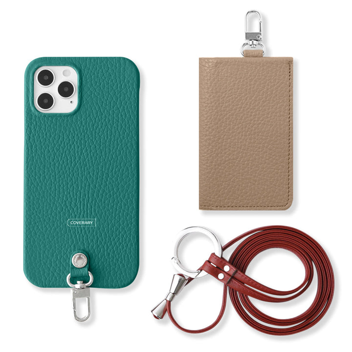 Genuine leather Italian shrink leather 3-piece set B with card case & ring shoulder strap (with metal fittings) back case for Google Pixel series